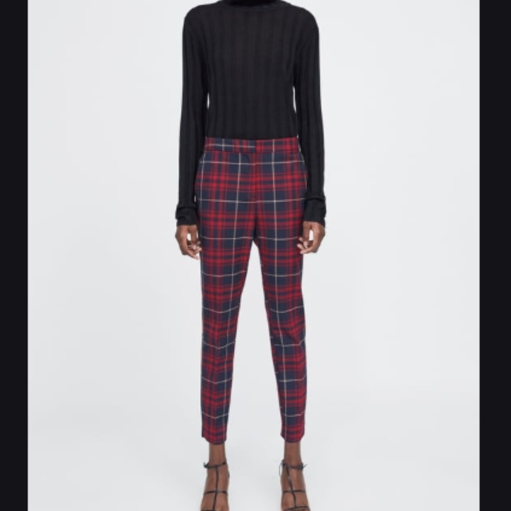 Zara Plaid Cropped Straight Pants Red/Blue/Cream